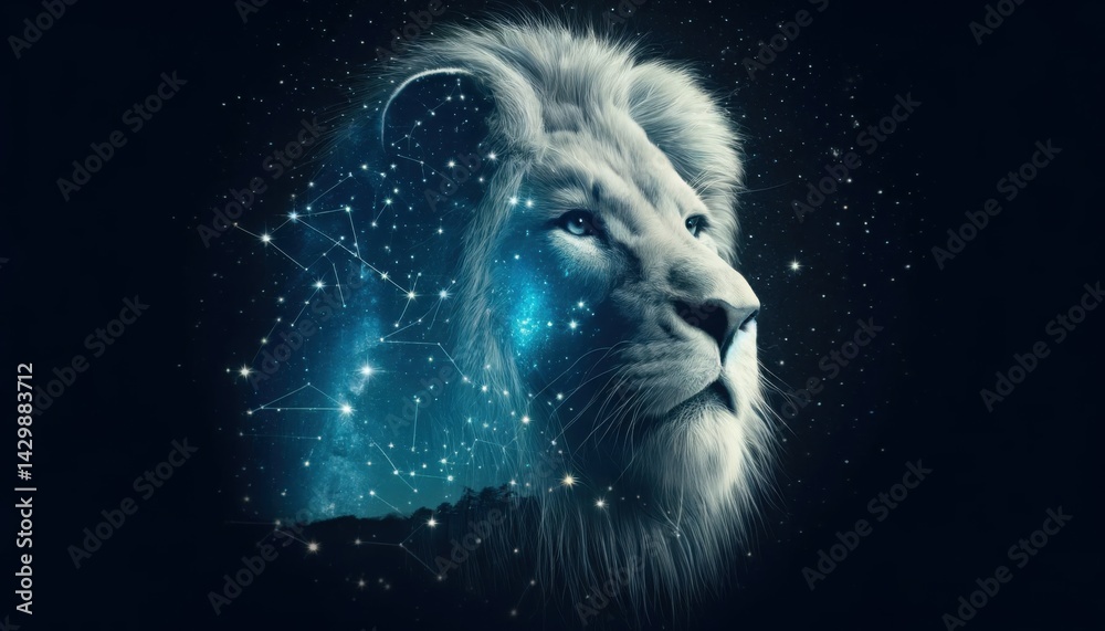 Surreal artwork of a white lion with glowing blue eyes, blended with a mountain forest landscape and night sky in a double exposure style. Surreal artwork of a white lion with glowing blue eyes, blended with a mountain forest landscape and night sky in a double exposure style.