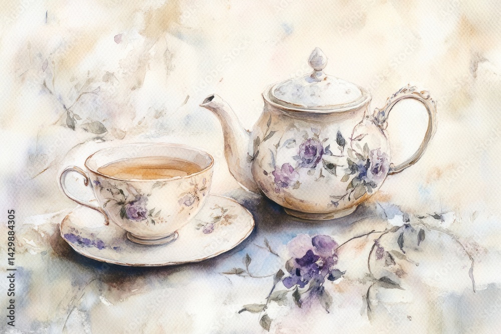 A watercolor painting of tea and teapot on a table setting A watercolor painting of tea and teapot on a table setting
