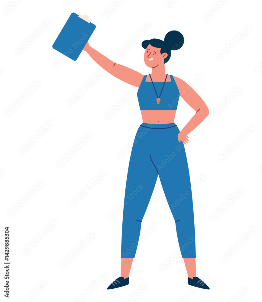 Gym Teacher Woman Holding Book Fitness Trainer Sport Character