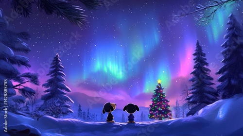 Cartoon kids watch aurora borealis over winter forest, holiday background