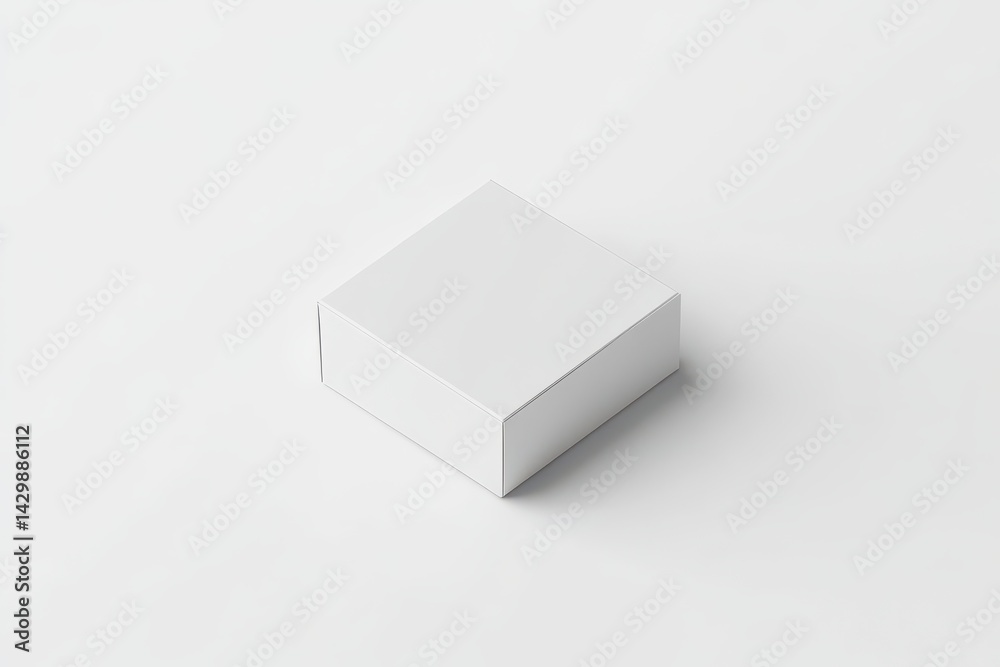 Blank, square, white cardboard box on a plain surface.