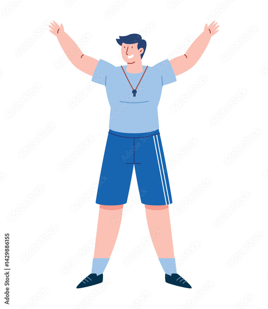 Gym Teacher Male Cheerful Pose Fitness Coach Character Sport