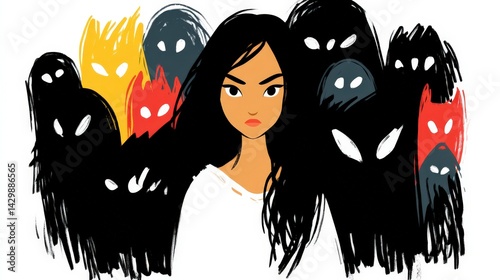 Woman Confronts Dark Inner Demons  Mental Health  Anxiety  Fear  Illustration