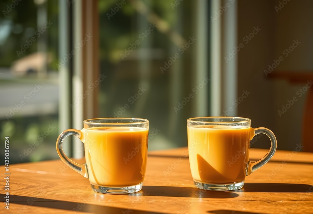 Obraz premium Two mugs of coffee on a table, sunlight streaming in, bond, sunlight