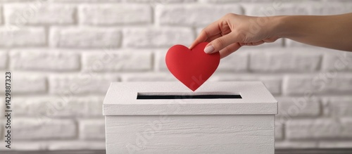 Symbolic donation: Hand offering a red heart into a pristine white box photo