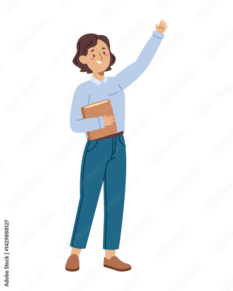 Teacher Waving Female Character Holding Book Friendly School Pose