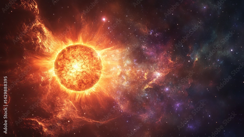 Naklejka premium A fiery sun with nebula clouds and stars creating a cosmic celestial scene in the vast expanse of space