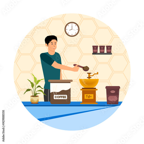 Grinding coffee beans. Man using electric coffee grinder in kitchen.