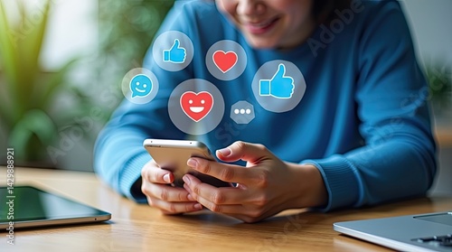 Close-up of a person interacting with social media on a smartphone. photo