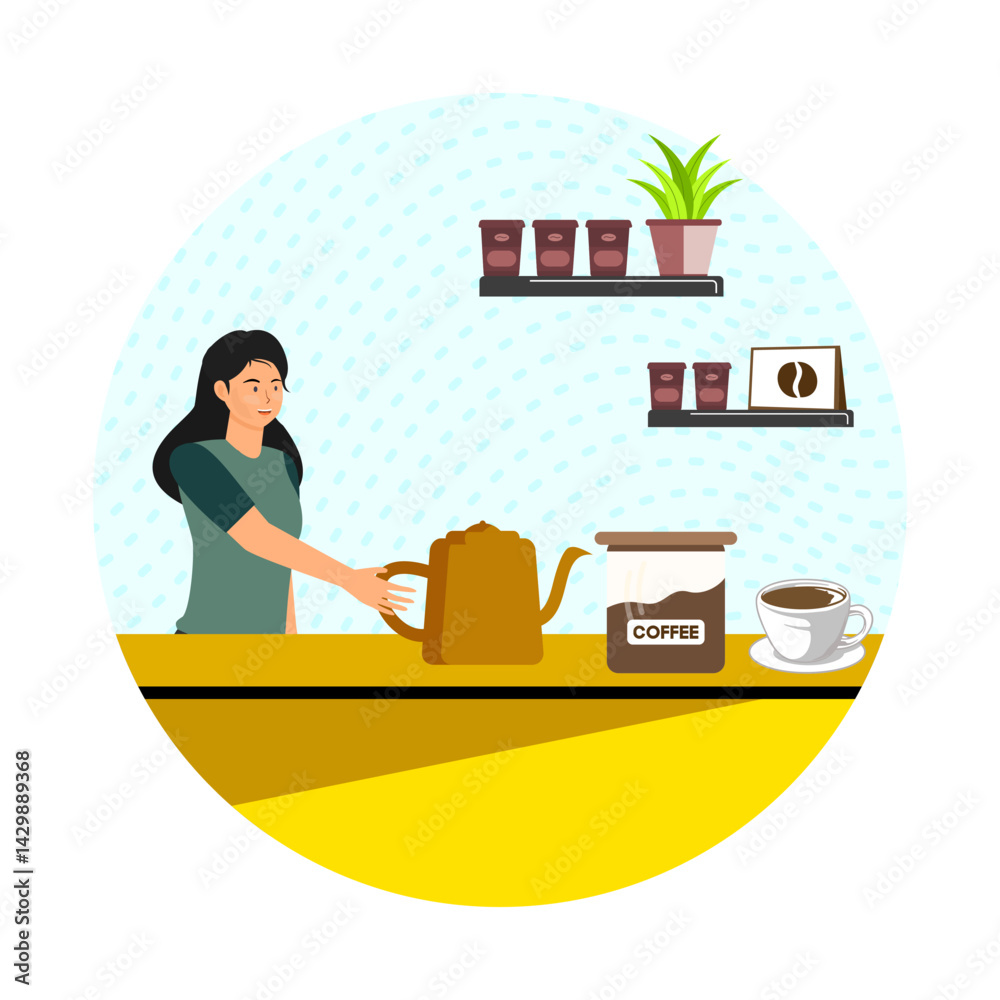 Fototapeta premium French press concept. French press coffee maker pouring coffee into cup.