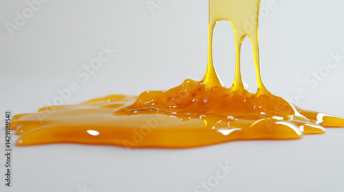 Honey is shown dripping on a clean white background in this isolated view
