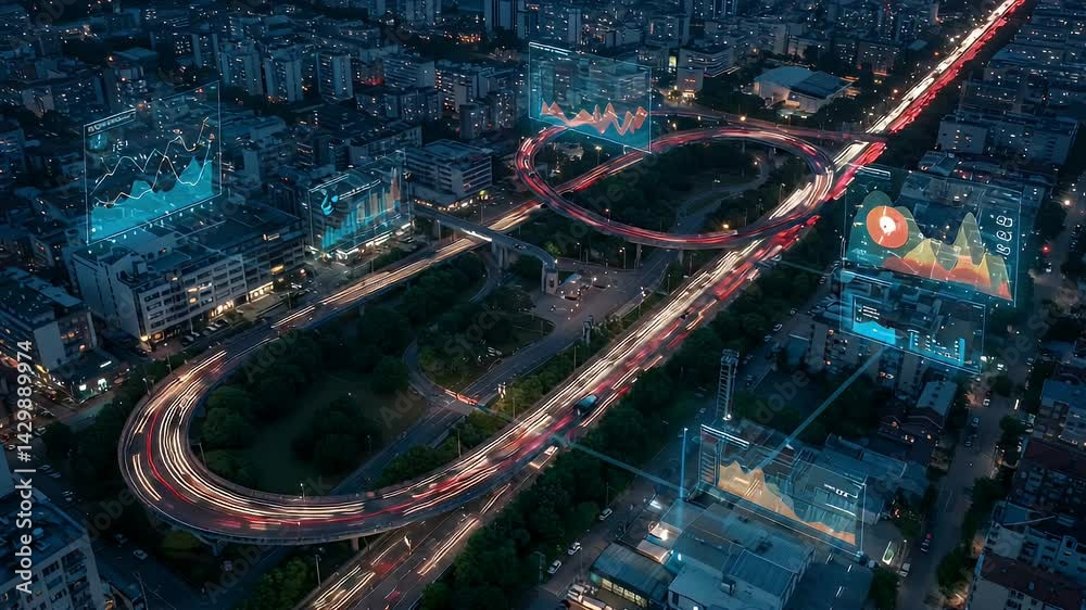 Nighttime metropolis highway with illuminated data visualizations and traffic flow