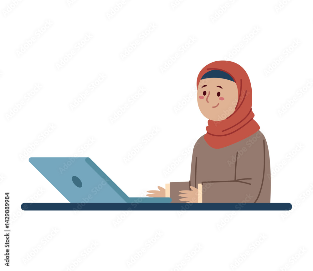 Muslim Female Teacher Online Laptop Character Learning Education Hijab
