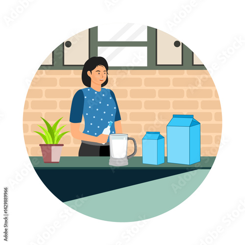 Homemade granola concept. Woman Preparing a Drink in a Kitchen with Homemade granola.