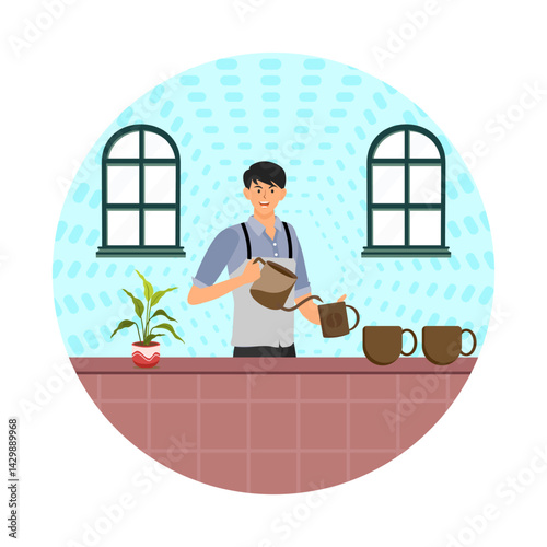 Italian style coffee concept. Smiling man making Italian coffee in moka  pot.