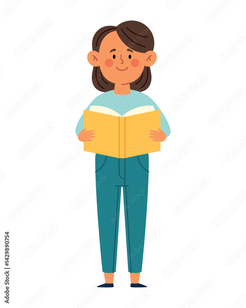 Preschool Student Boy Standing Book Learning Character Reading School