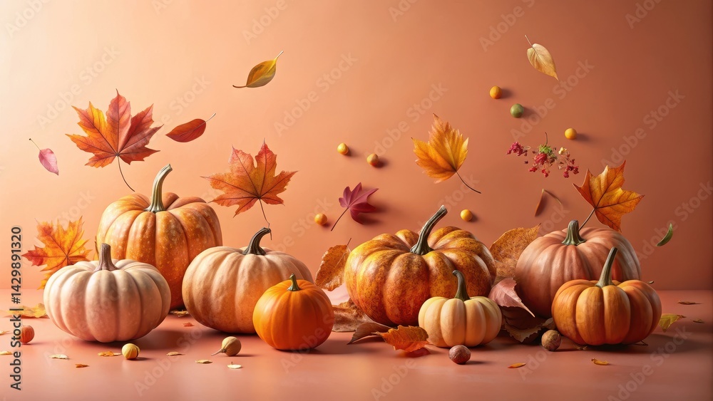 Autumnal Still Life Featuring Pumpkins and Falling Leaves on a Warm-Colored Background Autumnal Still Life Featuring Pumpkins and Falling Leaves on a Warm-Colored Background