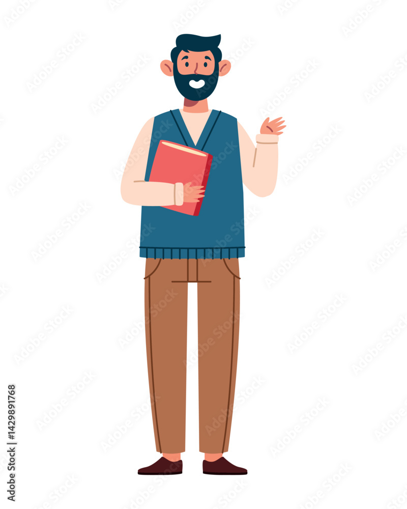 Bearded Teacher Waving Holding Book Friendly Character Education Cartoon