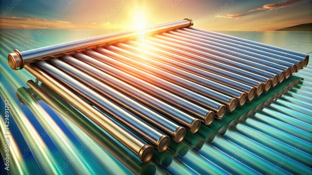 Fototapeta premium Futuristic solar energy collector array gleaming at sunset, reflecting the golden hour light on a smooth surface