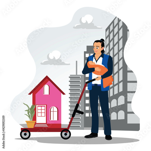 Young father holding baby while on leave from work.