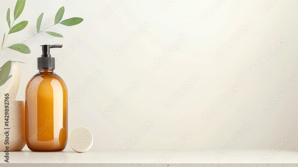 A minimalist setup featuring a brown glass bottle and a light-colored vase with greenery on a neutral background, evoking a serene and modern aesthetic.