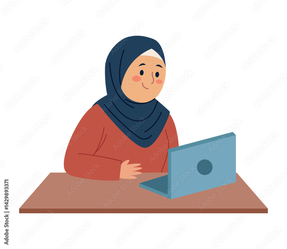 Teacher Hijab Working Laptop Desk Classroom Education Muslim Online