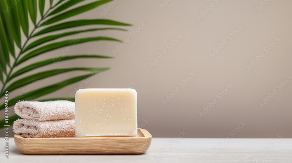 A serene spa-like arrangement featuring a soap bar, soft towels, and lush green leaves, creating a calming and refreshing atmosphere.