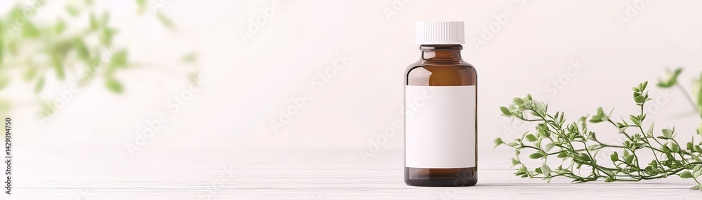 A clear glass bottle sits on a wooden surface, accompanied by delicate greenery, creating a tranquil and natural aesthetic.
