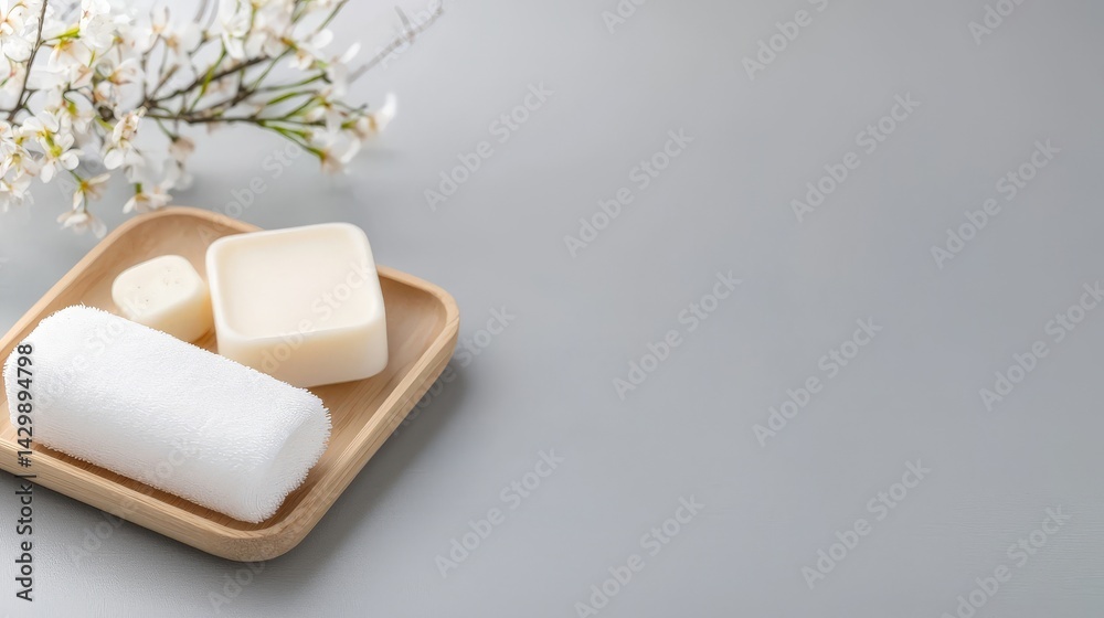 A serene arrangement of spa essentials including soap and a towel, complemented by delicate flowers on a smooth surface.