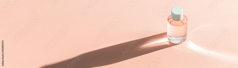 A minimalist perfume bottle casts a soft shadow on a pale pink surface, creating an elegant and serene atmosphere.