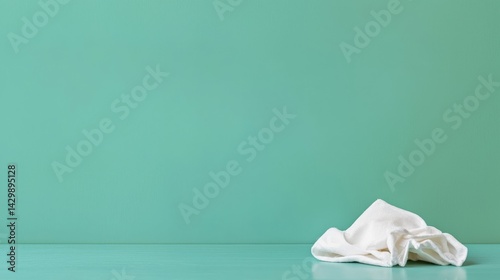 A minimalist scene featuring a wrinkled white cloth against a soft teal background, evoking a calm and serene atmosphere.