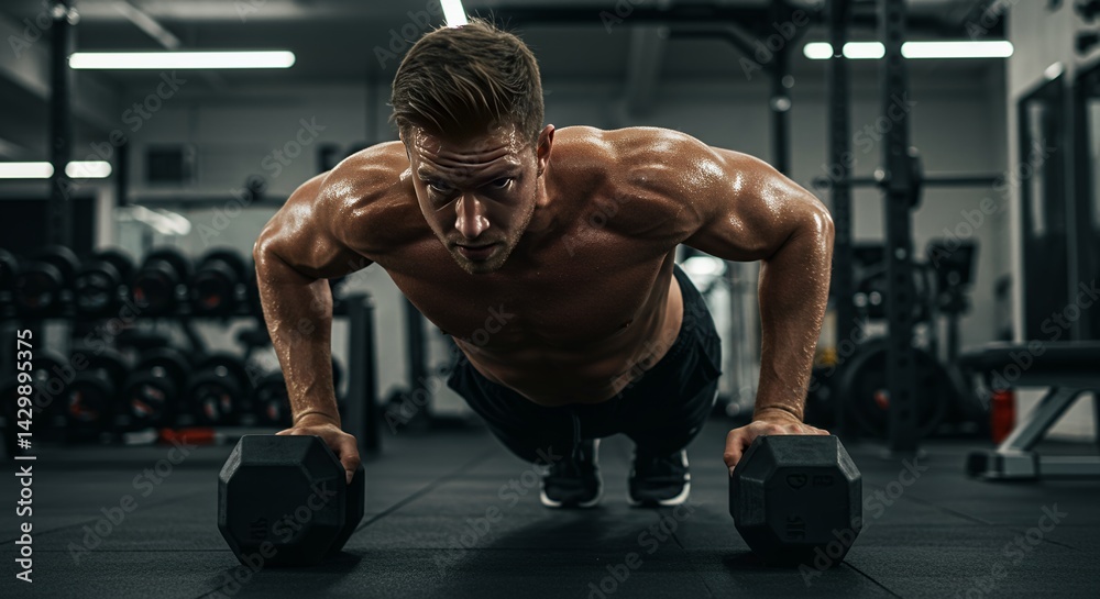 Dynamic Shot of Muscular Athlete Performing One-Handed Dumbbell Push-up Dynamic Shot of Muscular Athlete Performing One-Handed Dumbbell Push-up
