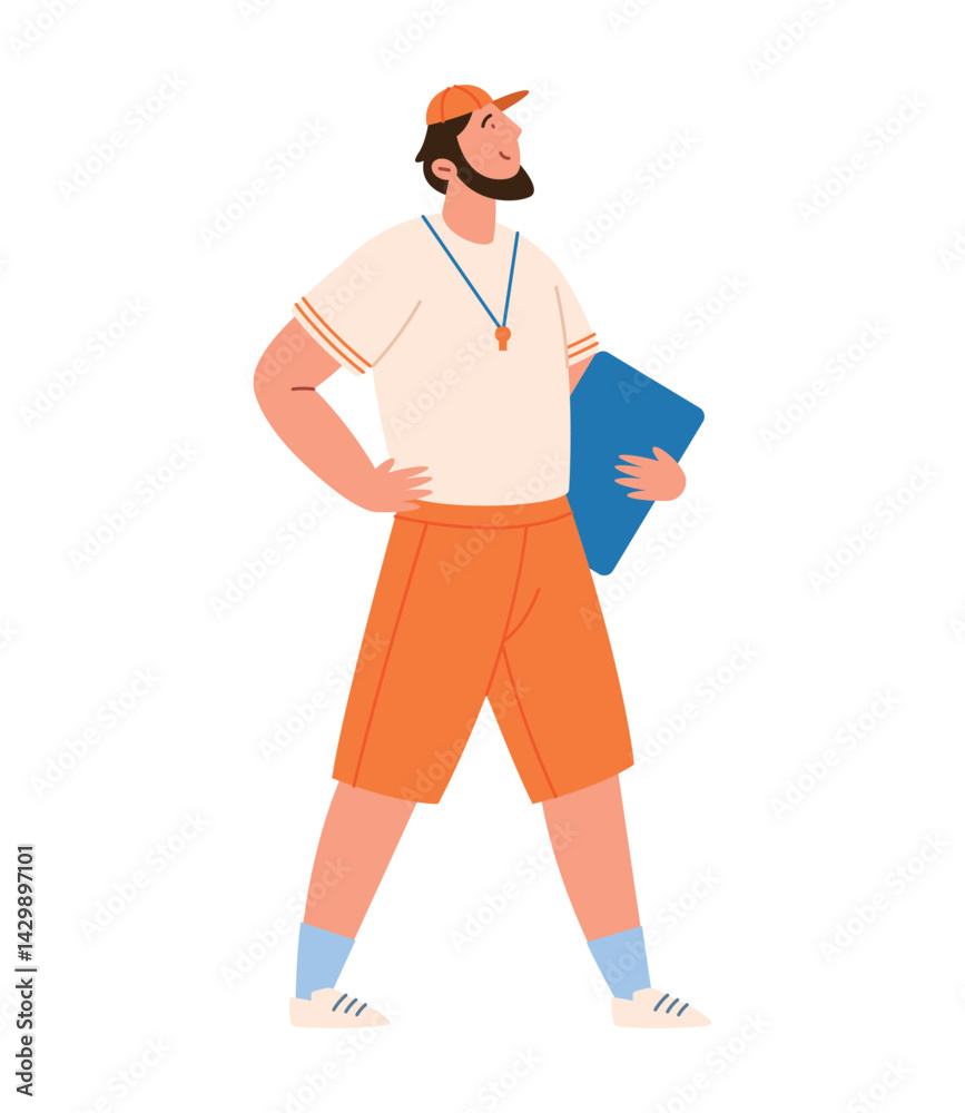 Gym Teacher Bearded Coach Holding Clipboard Fitness Training Sport