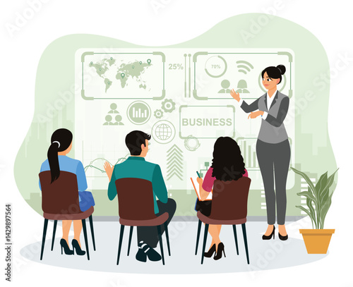 Businesswoman discussing with team or colleagues about work project in meeting room.