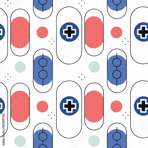 Seamless Vector Modern Background, Colorful pattern featuring medical symbols and abstract shapes, creating playful and modern design, on white background, commercial use