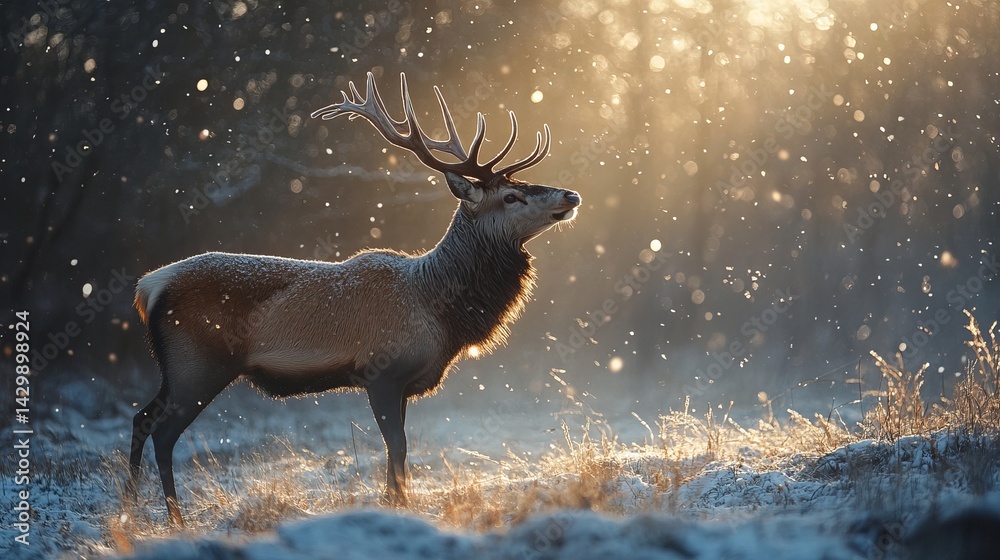 A majestic deer standing in a snowy field illuminated by golden sunlight during a winter snowfall scene A majestic deer standing in a snowy field illuminated by golden sunlight during a winter snowfall scene