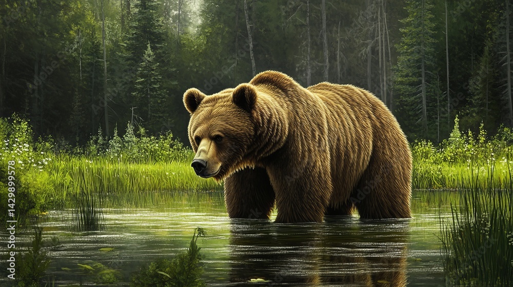 A large brown bear standing in shallow water surrounded by green vegetation and a forest backdrop