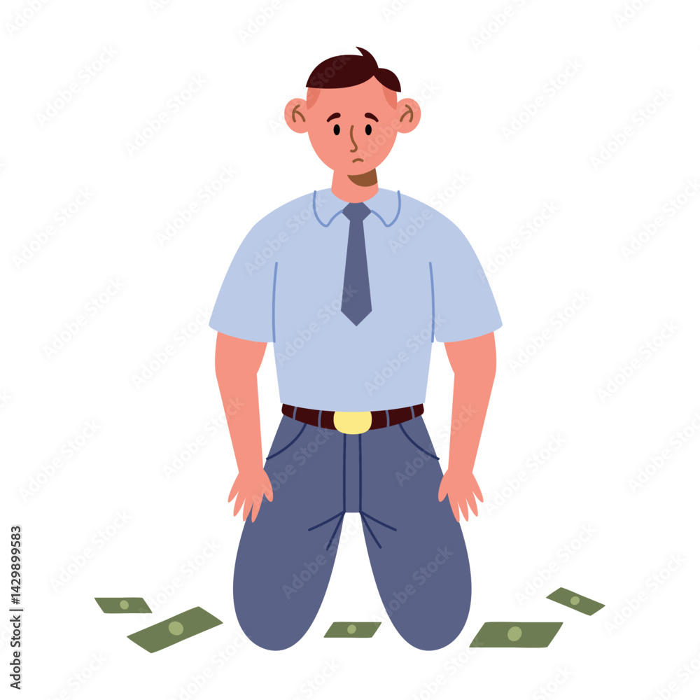 Losing Money Man Sad Kneeling Cash Fall Despair Finance Crisis Cartoon