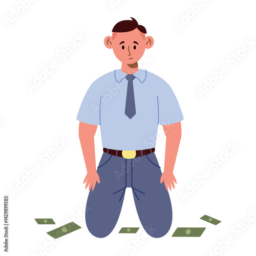 Obraz na płótnie Losing Money Man Sad Kneeling Cash Fall Despair Finance Crisis Cartoon w salonie