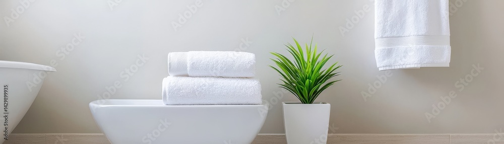 A modern bathroom scene featuring a white tub, neatly stacked towels, and a small potted plant, creating a fresh and serene atmosphere.