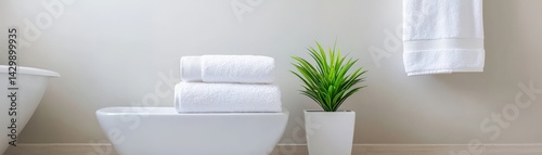 Obraz na płótnie A modern bathroom scene featuring a white tub, neatly stacked towels, and a small potted plant, creating a fresh and serene atmosphere. w salonie