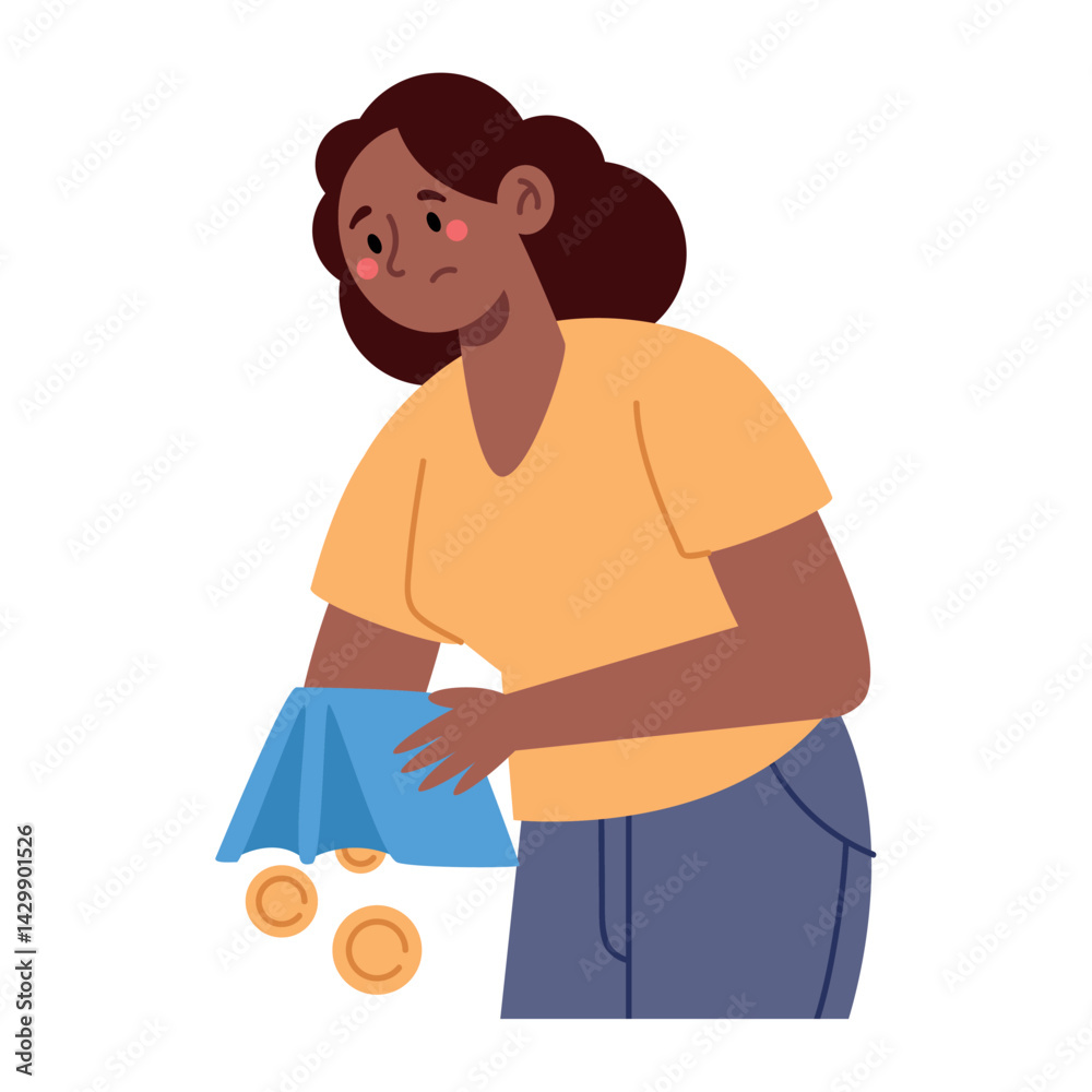 Losing Money Cartoon Woman Drop Coins Wallet Broke Empty Sad Character