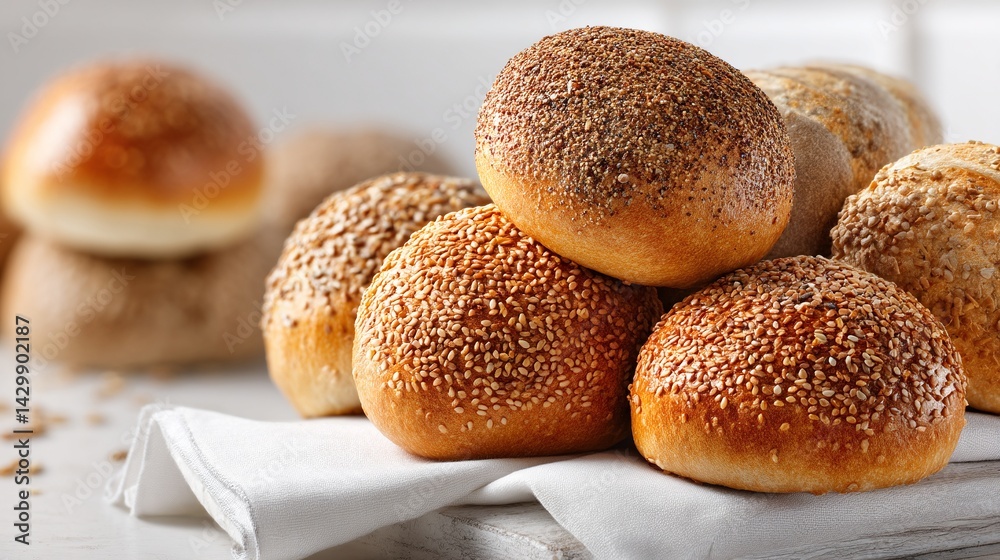 A warm, inviting display of assorted bread rolls, each uniquely topped with seeds and grains on a soft, white cloth for a rustic feel. A warm, inviting display of assorted bread rolls, each uniquely topped with seeds and grains on a soft, white cloth for a rustic feel.
