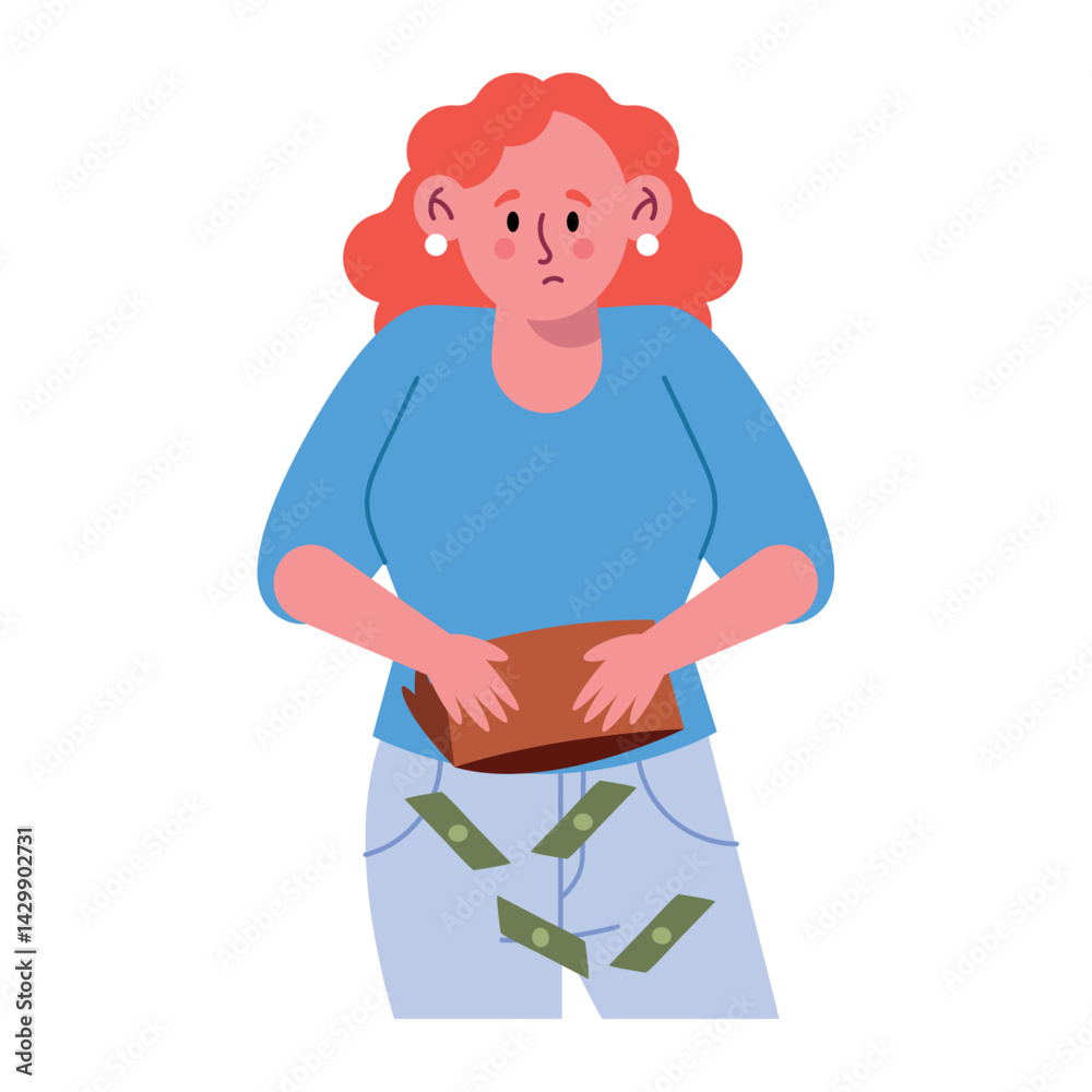 Losing Money Woman Broke Wallet Drop Bills Sad Cartoon Character