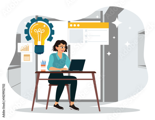 The businesswoman focuses on working in front of a laptop computer and developing creative ideas.