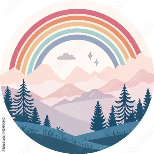 Watercolor rainbow and cloud scene