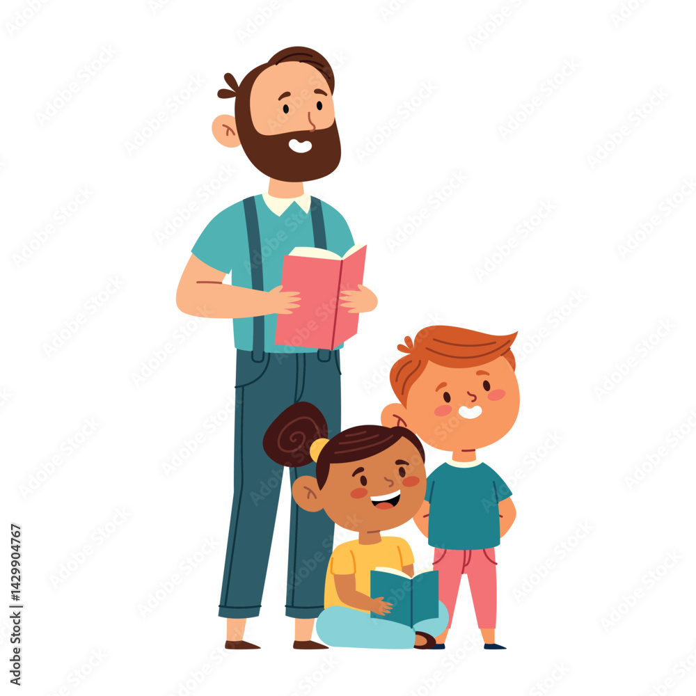 Preschool Teacher Male Reading Book With Children Group School Class