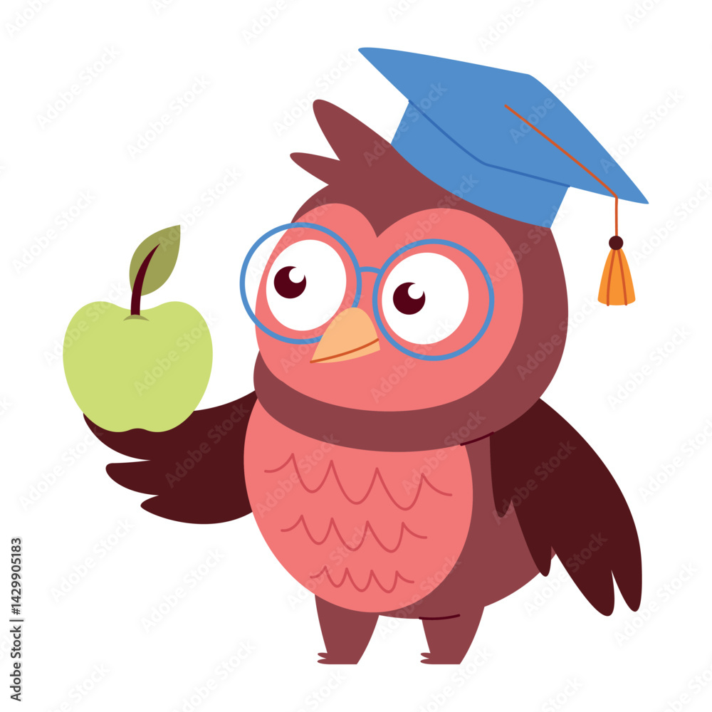 Owl Teacher Graduation Holding Apple Cartoon Character Smart