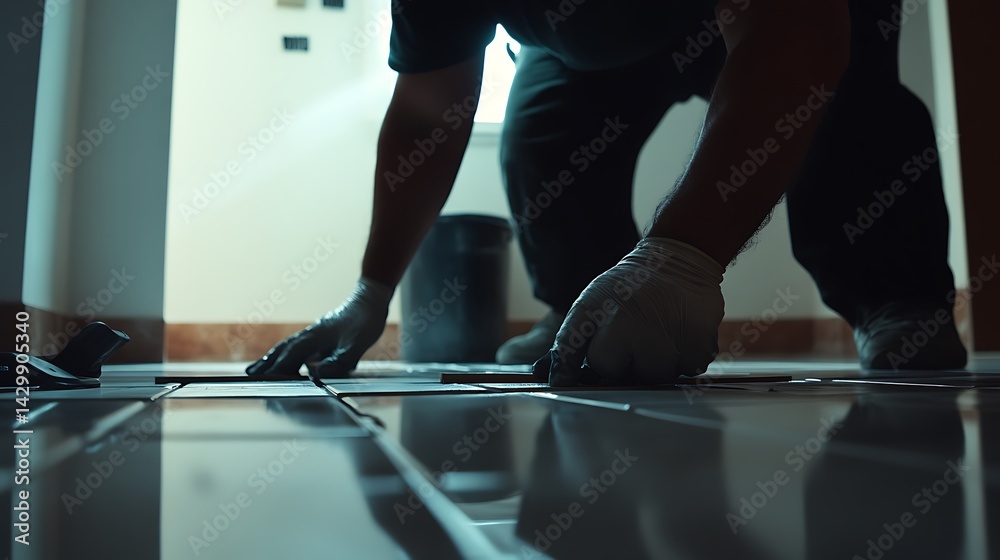 Person Installing Floor Tiles in a Room Person Installing Floor Tiles in a Room