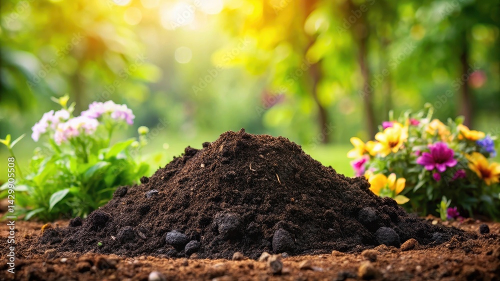 A rich pile of dark soil sits ready for planting amidst a vibrant garden of colorful blooming flowers, bathed in sunlight. A rich pile of dark soil sits ready for planting amidst a vibrant garden of colorful blooming flowers, bathed in sunlight.
